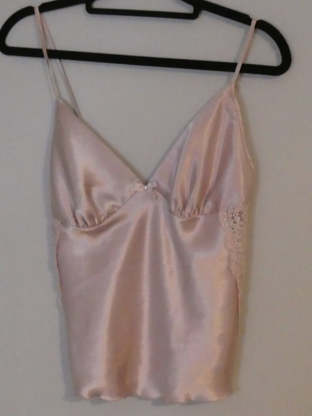 BONDY Pink Satin Lace Trim Cami Slip Top With Bow - size small